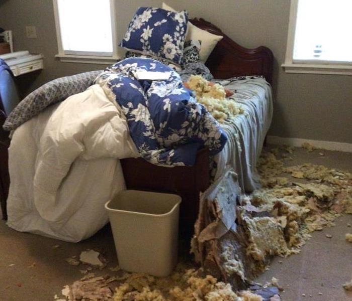 A saturated ceiling fell onto a bed.